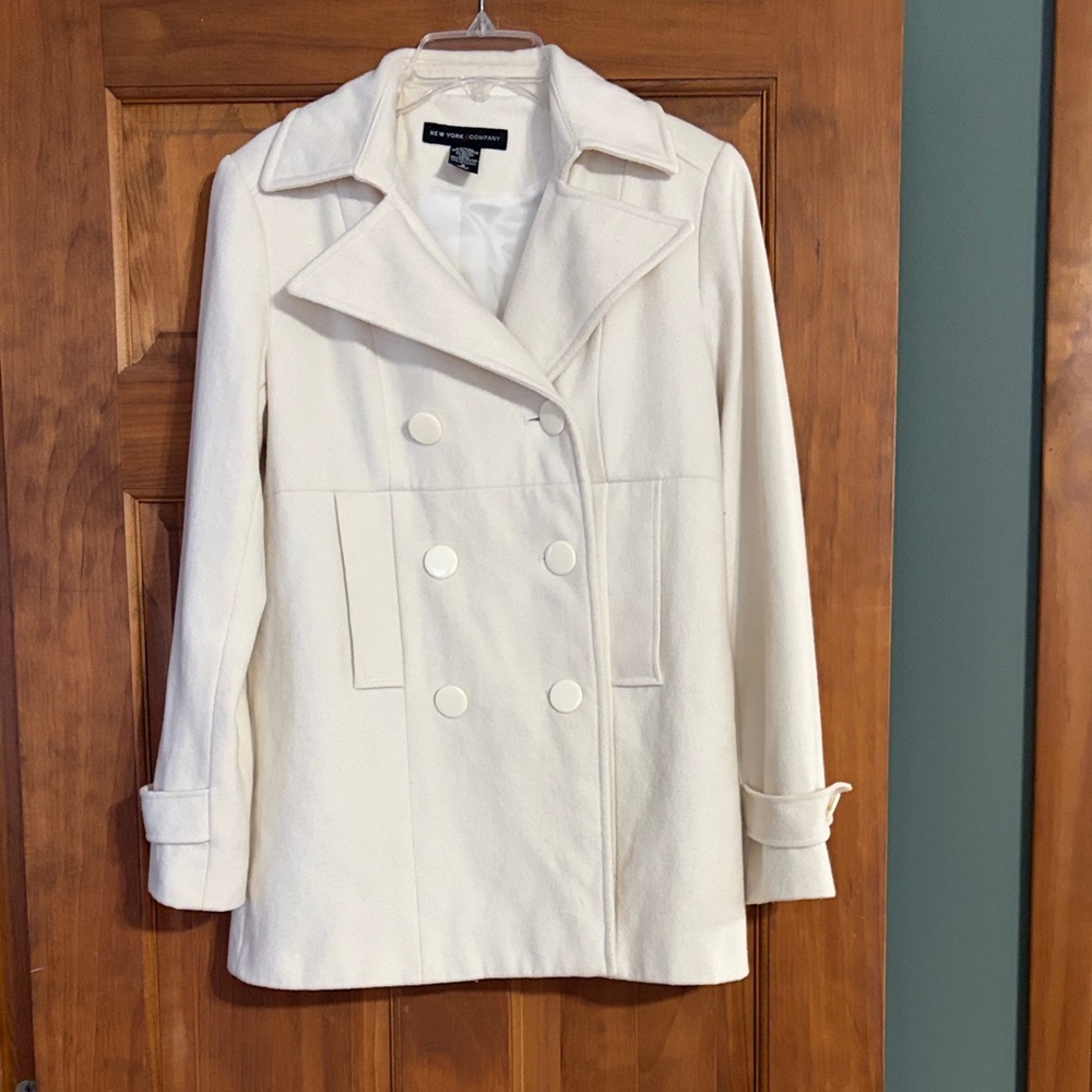 New York & Company Cream Double-Breasted Pea Coat